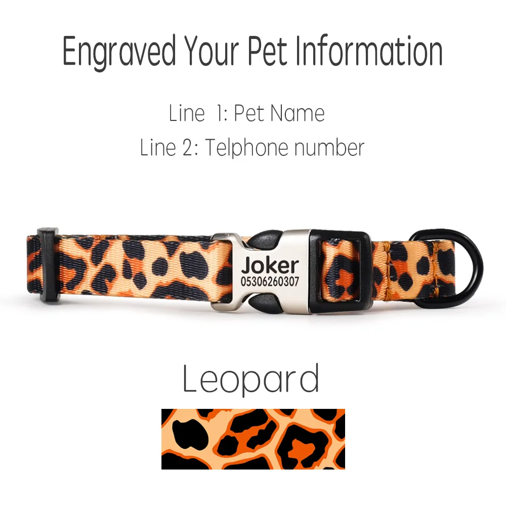 Геометрический принт персонализированное выгравированное название собачий ошейник поводок на заказ ошейники для щенков ID бирка для маленьких средних больших собак - Цвет: Leopard