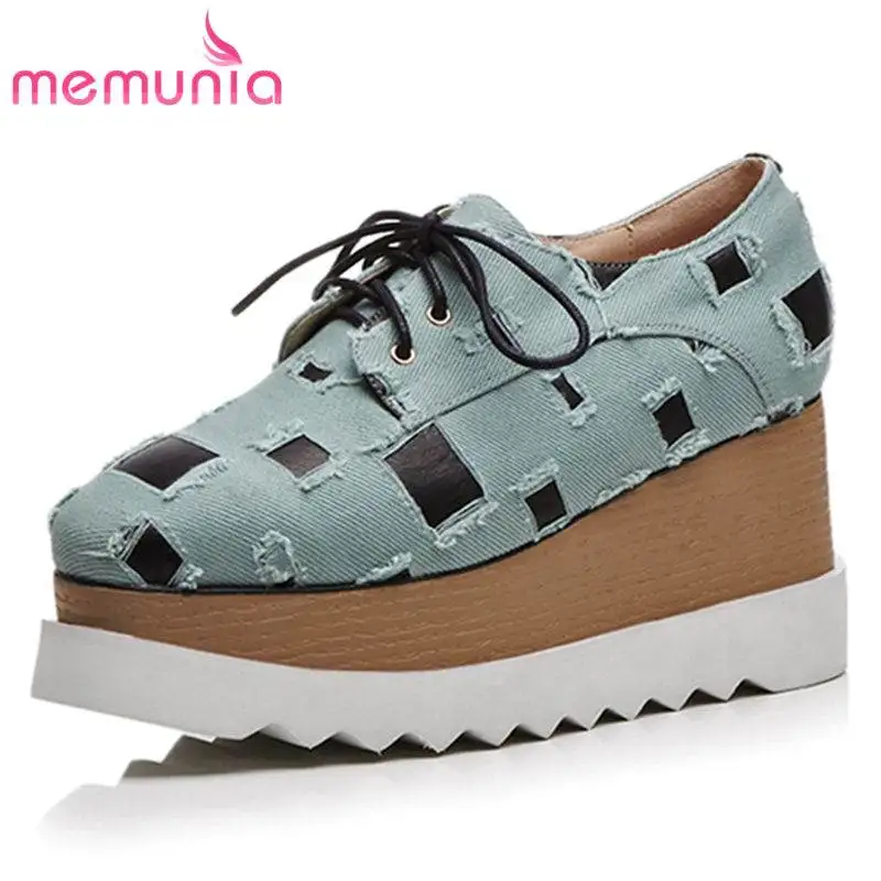 

MEMUNIA SIZE 33-41 2018 HOT fashion denim+genuine leather pumps women wedges square toe lace up spring autumn shoes casual shoes