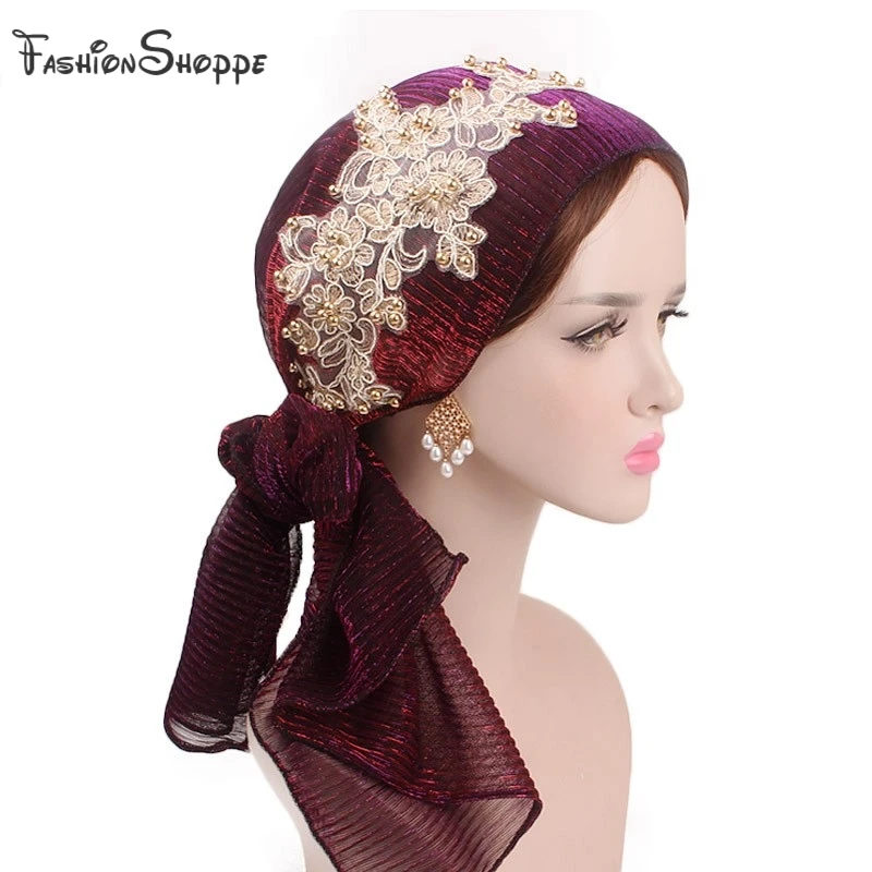 

Women metallic wrinkle Muslim head Scarf Hat Polyester Stretch Turban Long Tail Headwear for Cancer Chemo Head Wrap Scarf YS411
