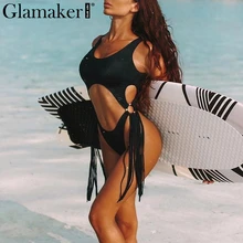 Glamaker, леопардовое боди с кисточками, женское сексуальное черное летнее облегающее боди с высокой посадкой, купальник, цельный пляжный купальник