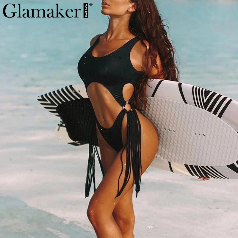 Glamaker ليوبارد الشرابة الجوف خارج ارتداءها المرأة مثير عالية قطع الأسود الصيف bodycon ارتداءها ملابس السباحة قطعة واحدة ملابس السباحة شاطئ