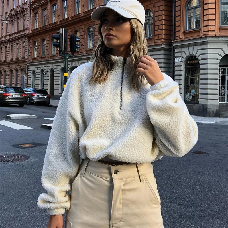 Women Velvet Loose Cropped Hoodies Ins White Zip Collar