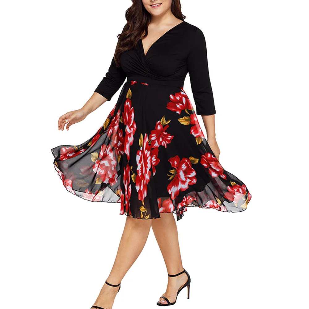 

5XL Big Size Dress 2019 Autumn Dresses Women Plus Size Chiffon Patchwork Flower Print Party Evening Swing Dress Dropship