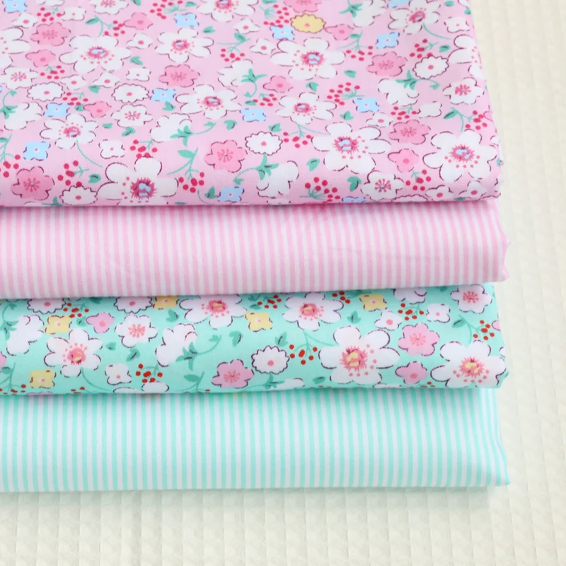 

100% Cotton twill cloth fresh pink aqua floral stripe for DIY kids bedding apparel sheet handwork dress cushions decor fabrics