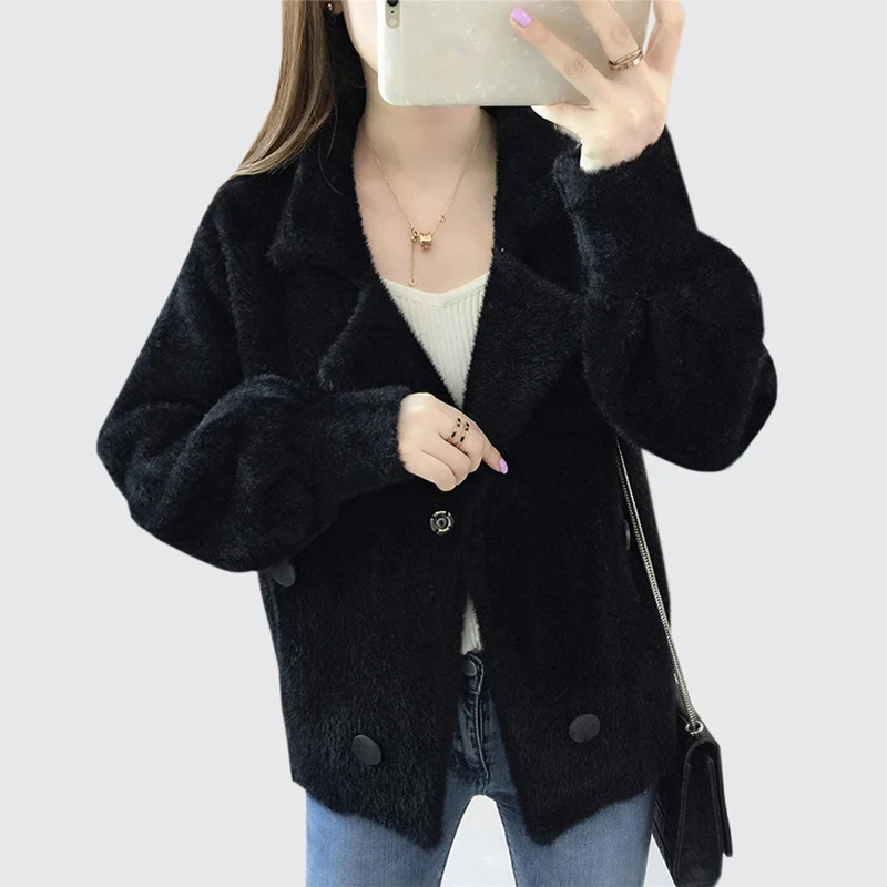 Best Price black vintage Knitted V-Neck Cardigans Coats Autumn And Winter new Long sleeve Thick Sweater female fashion Mink Cashmere Coats