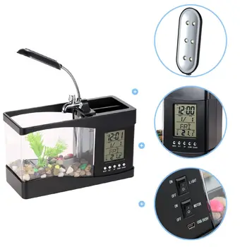 

Usb Mini Fish Tank Desktop Electronic Aquarium Mini Fish Tank with Water Running LED Pump Light Calendar Clock White Black