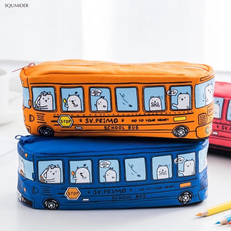 Orange Creative School Bus Shaped High Capacity Printing Pencil Box Zipper Pen Bags Pencil Case School Office Supplies 