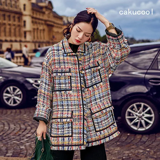 Cakucool Для женщин классический Цветной пледы шерсть осень-зима ветровка средней