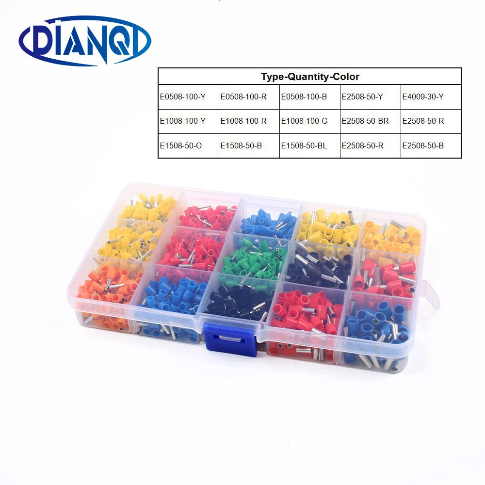 1000pcs//lot Bootlace cooper Ferrules kit set Wire Copper Crimp Connector Insulat