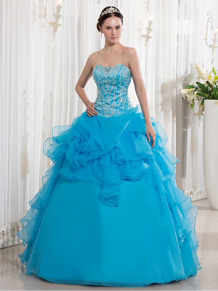 Blue Floor Length Ball Gown Prom Dresses Sweetheart Embroidery Beaded ...