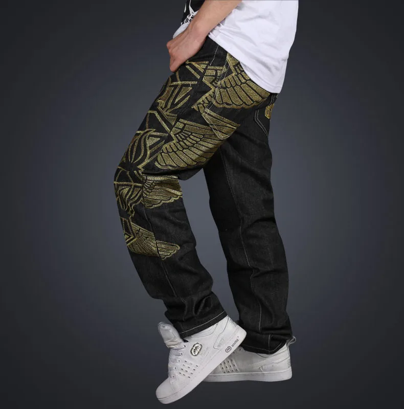 

High-End Plus Size Mid-Waist Embroidery Pattern Wide Leg Men Fashion Jeans Loose Hip-Hop Styles Full-Length Black Color Jeans