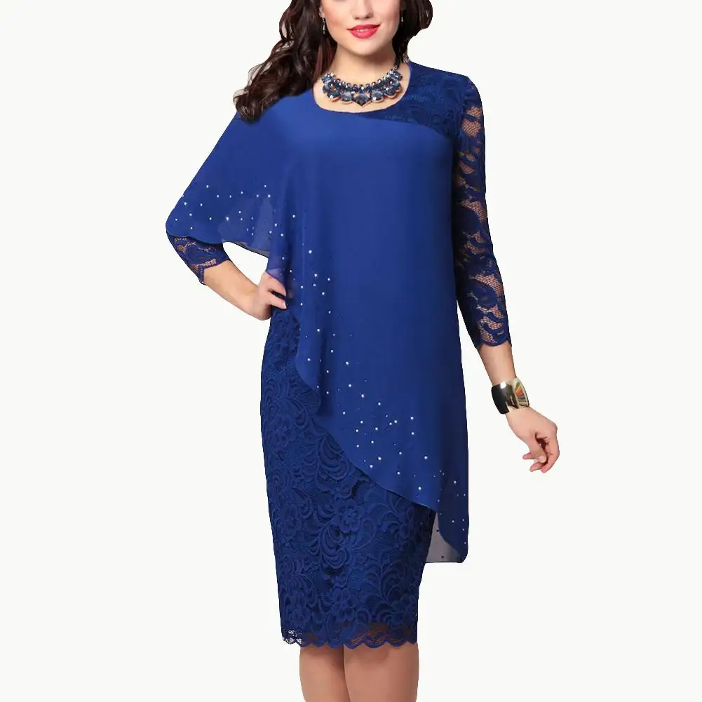 

Fashion Hot Plus Size Solid Color Women Double Layer 3/4 Sleeve Round Neck Bodyon Midi Dress