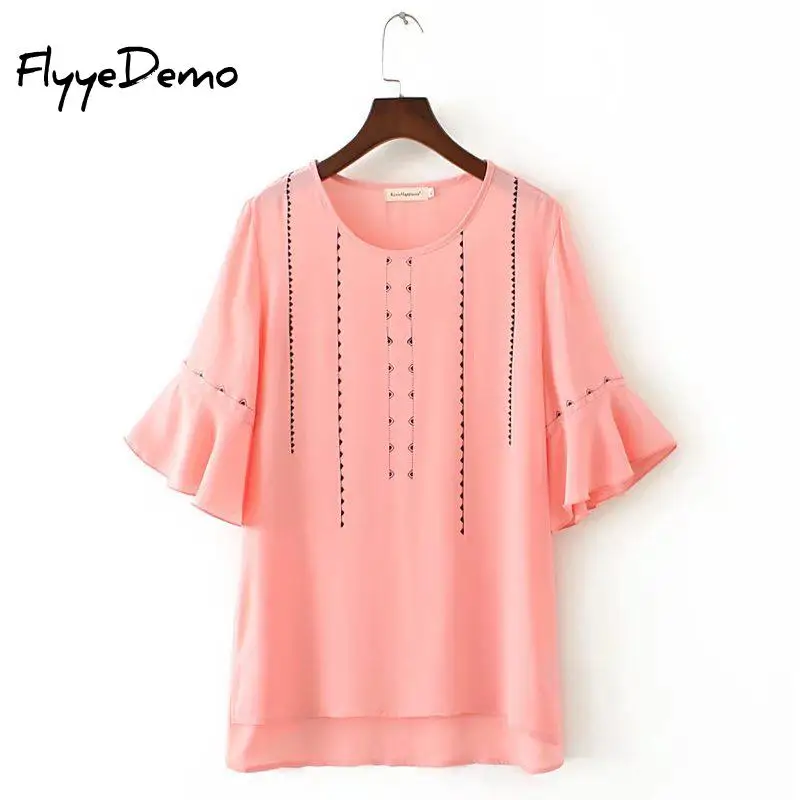Ceny Elegancki Drukuj Flare Rękawem Kobiety Blusas 2018 Letnie Koszule O neck Kr oacute;tki Rękaw Szyfon Bluzka Damska Bluzki Koreański Bluzka Duży Rozmiar