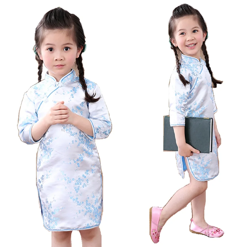 Plum Baby Girls Dress Chinese Qipao Clothes Sleeved Festival Party Children Dresses Kids Chi-pao Cheongsam 2 4 6 8 10 12 14 16 Y