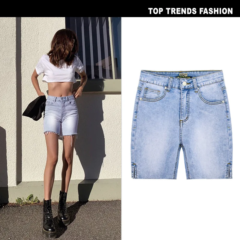 High Waist Elastic Snowflake Denim Shorts Riding Pants Summer Women Short Jeans Blue Short Jeans Denim Shorts for Female