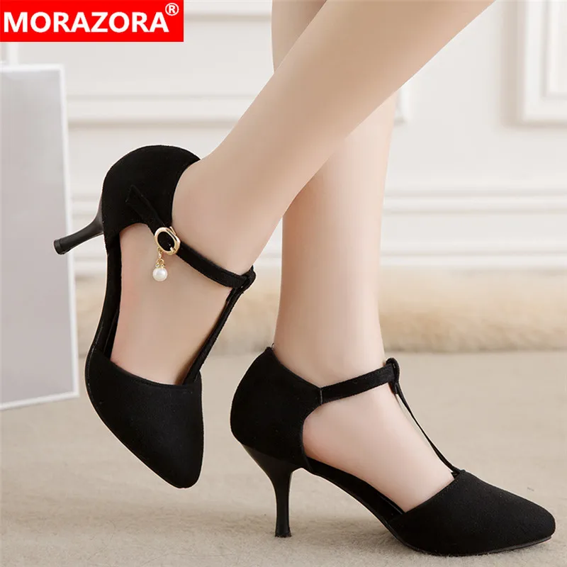 MORAZORA/; ; большие размеры 34-47; женские туфли-лодочки; летние туфли из флока; элегантные туфли на тонком высоком каблуке; модельные туфли; офисные туфли