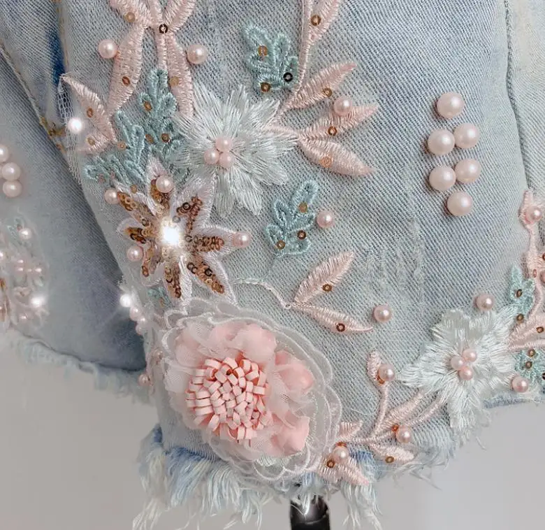 Женские джинсовые шорты Летняя мода Высокая талия beadind Вышивка Цветы Широкие джинсовые шорты