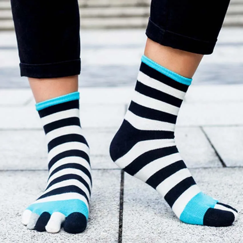 21Colors Men's Striped 5 toe socks full Crew cotton Five fingers sock a