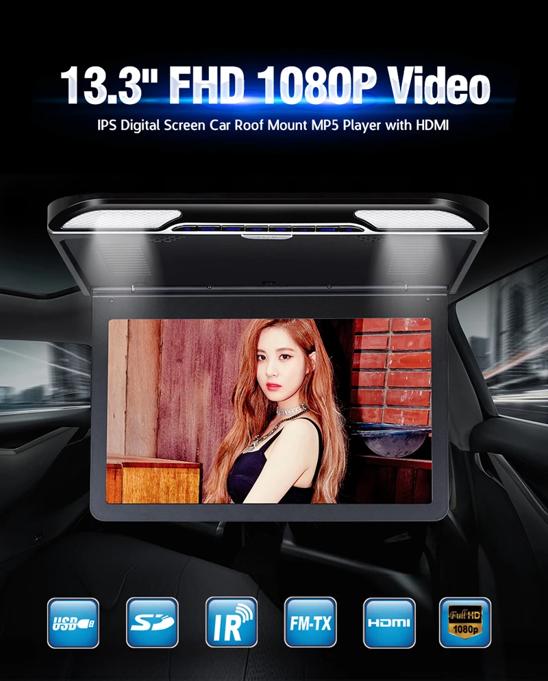 XST 13,3 дюймовый автомобильный потолочный кронштейн на крыше MP5 PlayerMonitor 1920x1080 откидной экран Поддержка HDMI/USB/SD/IR/FM передатчик/динамик