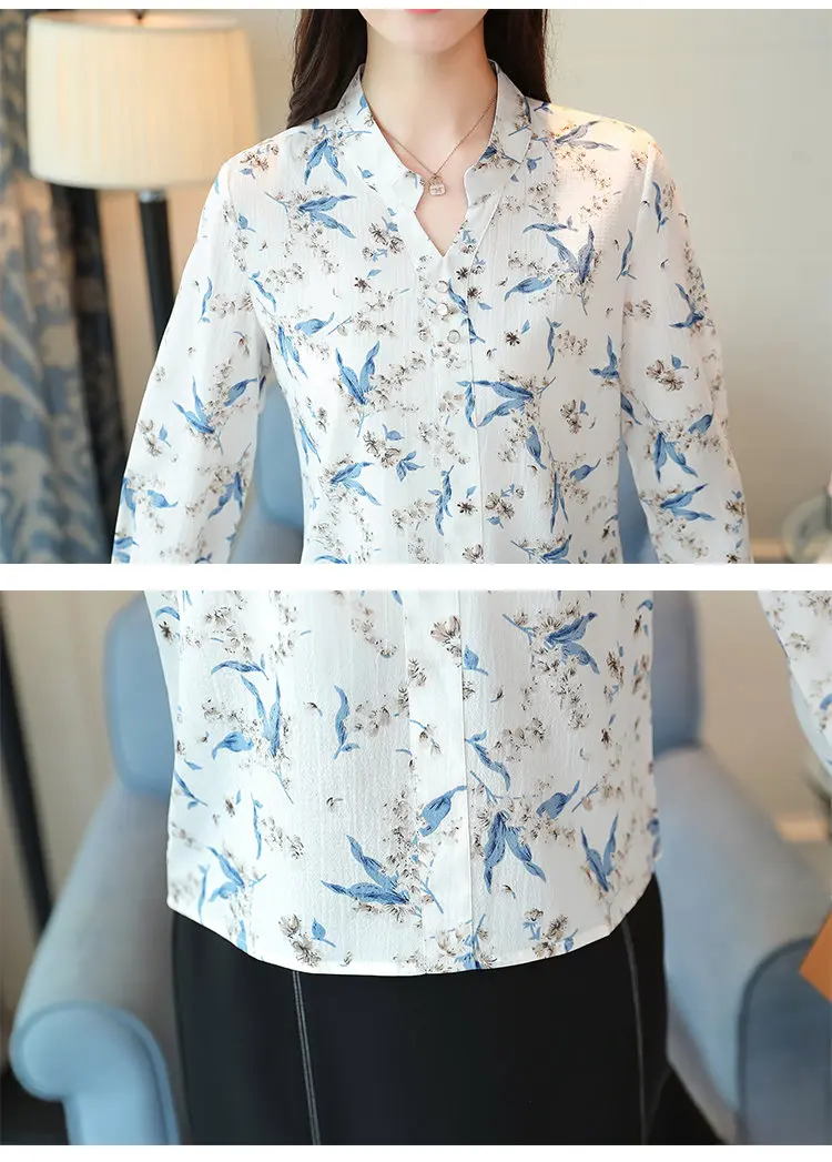 2019 New Autumn Chiffon Blouse Women Ladies Shirts Floral Print Blusas Mujer V-neck Long Sleeve Shirt Women Tops Plus Size (13)