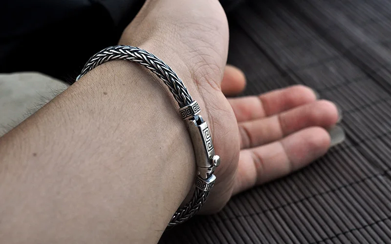 Pure 925 Sterling Silver Men Bracelets Vintage Punk Rock Hand-woven Personality Bracelets Thai Silver Fashion Jewelry Best Gifts