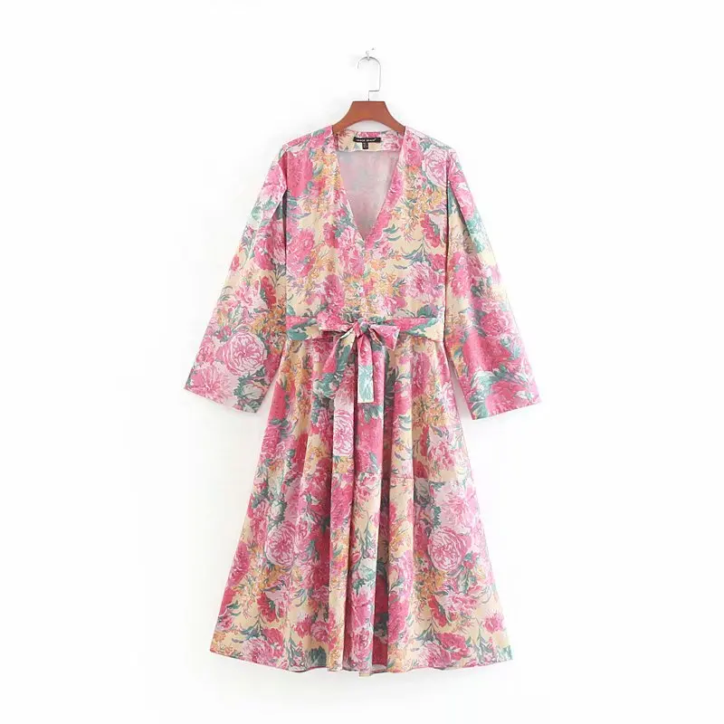 

Flabbit women v neck pink floral print bow tied casual loose dress ladies short sleeve autumn vestidos brand party dresses DS314