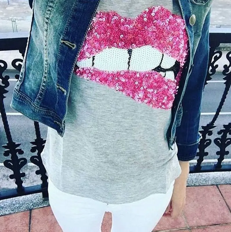 

2017 casual T-shirts for women summer Red lips sequin top fitness tshirt camiseta ropa mujer tee shirt femme t shirt tees tops