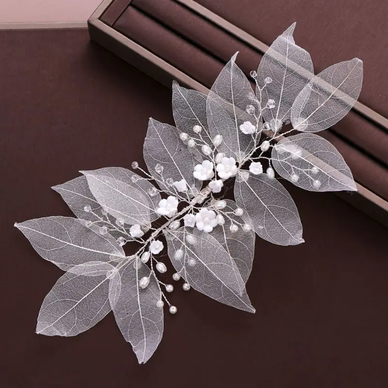 

Leaf Shape Lady Hair Accessories DIY Hand-woven Headwear White Flowers Imitation Pearl Women Bride Headdress Wedding jewelry