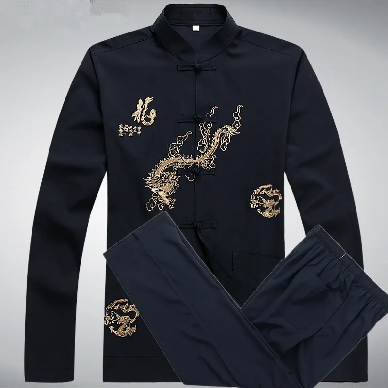 

Black Chinese Men Dragon Shirts and Pants Suits Mandarin Collar Shirts Dress Long Sleeve Kung Fu Clothing Han Fu Plus Size