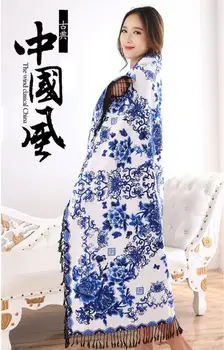 

cotton blue and white printed hijab oversize women scarfs Ancient wind shawls fall comfortable autumn warm high quality