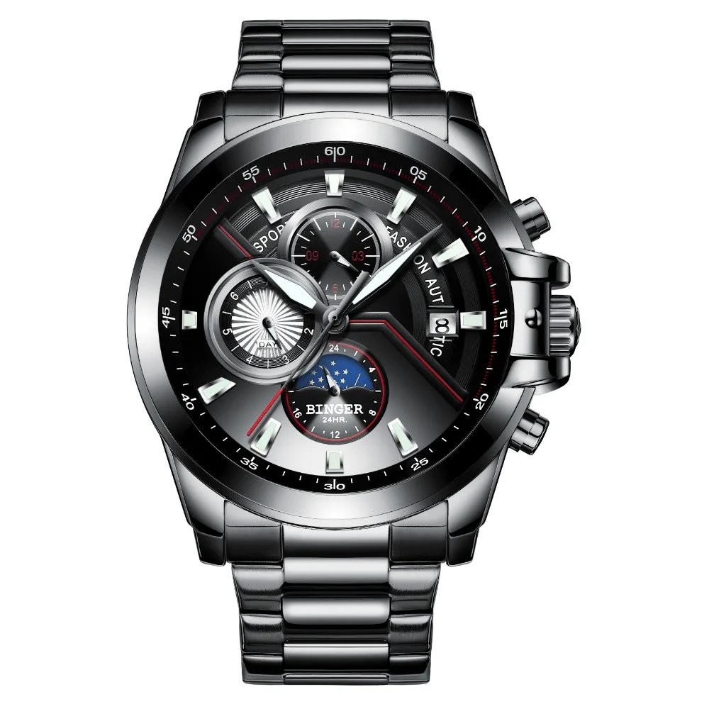 

Multifunction Army Watch Switzerland BINGER 2019 Swimming Automatic Watch Men Calendar Week Moon phase Sapphire Luminous hands