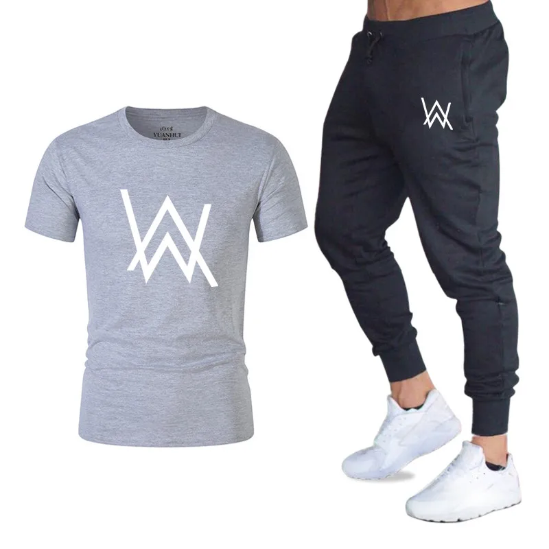 New 2019 Brand Tracksuit Fashion Alan Walker summer High Quality Men pants+T Shirts Two Piece Sets All Cotton Sporting Suit Male