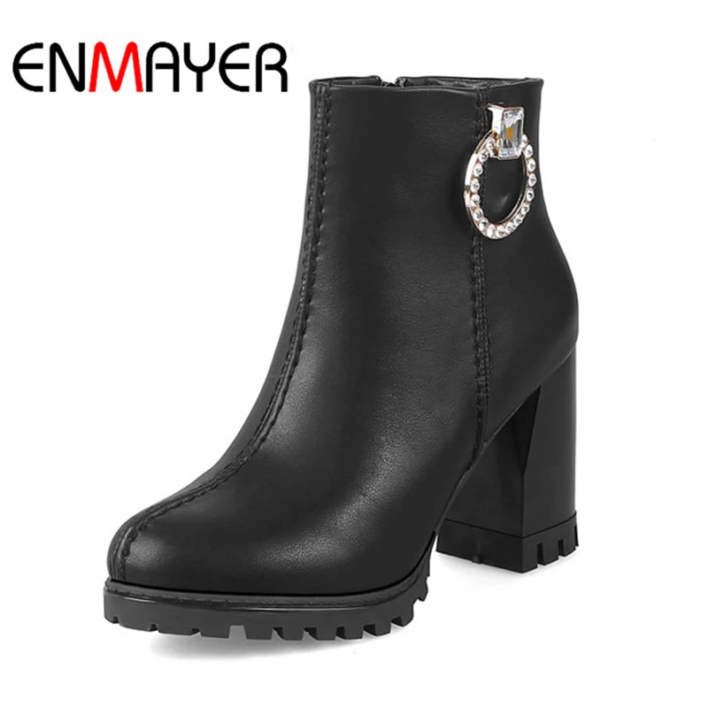 

ENMAYER New Fashion women round toe sewing square heel ankle boots lady solid zip ankle boots Big size 34-43 ZYL 615