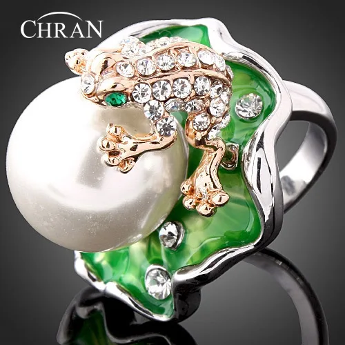 CHRAN родиевое покрытие Искусственный жемчуг эмаль ювелирные кольца Продвижение Мода кристалл лягушка дизайн палец кольца для женщин