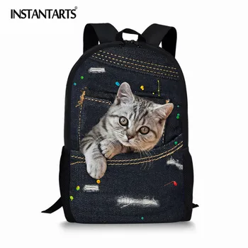 

INSTANTARTS 2018 Black Denim Cat Dog 3D Printing Boys Girls Backpack Casual Students Bookbags Knapsack Female Kids School Bags