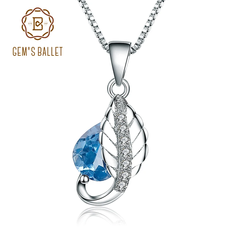 

GEM'S BALLET 2.42ct Natural Swiss Blue Topaz Genuine 925 Sterling Silver Leaf Shape Pendant Necklace For Women Fine Jewelry