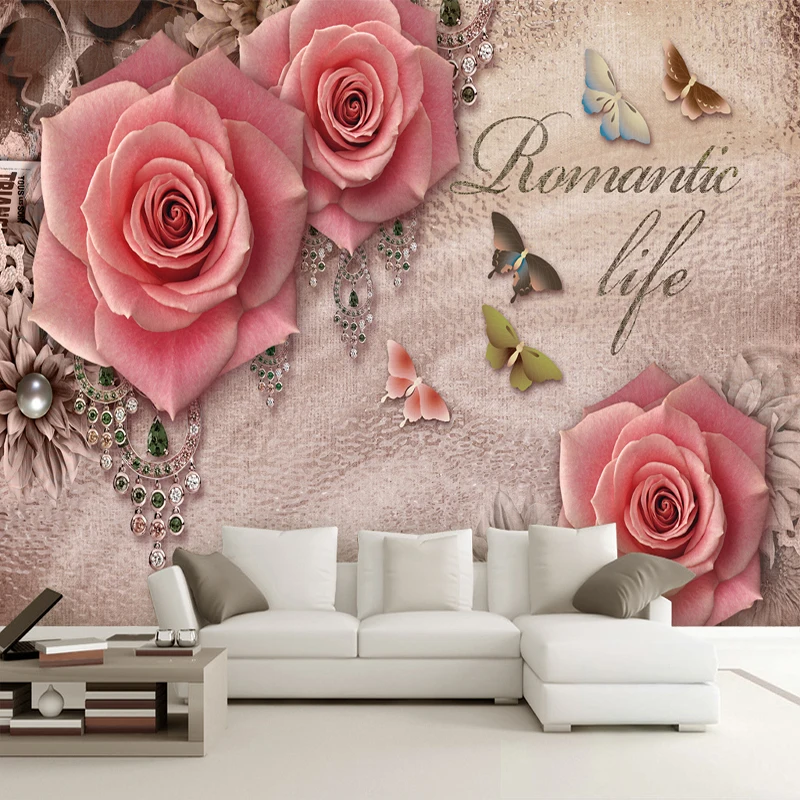 

Retro 3D Stereoscopic Butterfly Rose Diamond European Style Living Room Sofa TV Backdrop Wall Home Decor Wallpaper Custom Mural