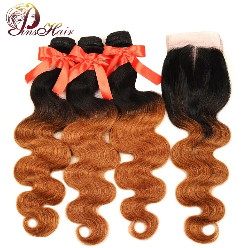 

Pinshair Ombre Brazilian Hair Body Wave 3 Bundles With Closure 1B 30 Blonde Thick Human Hair Weave Bundle With Closure Non Remy