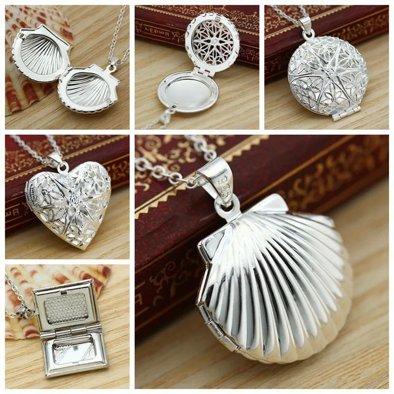 

1PC Square Pendant Picture shell Women Necklace Heart Silver Openable round Chain Photo Hollow Locket Water drop