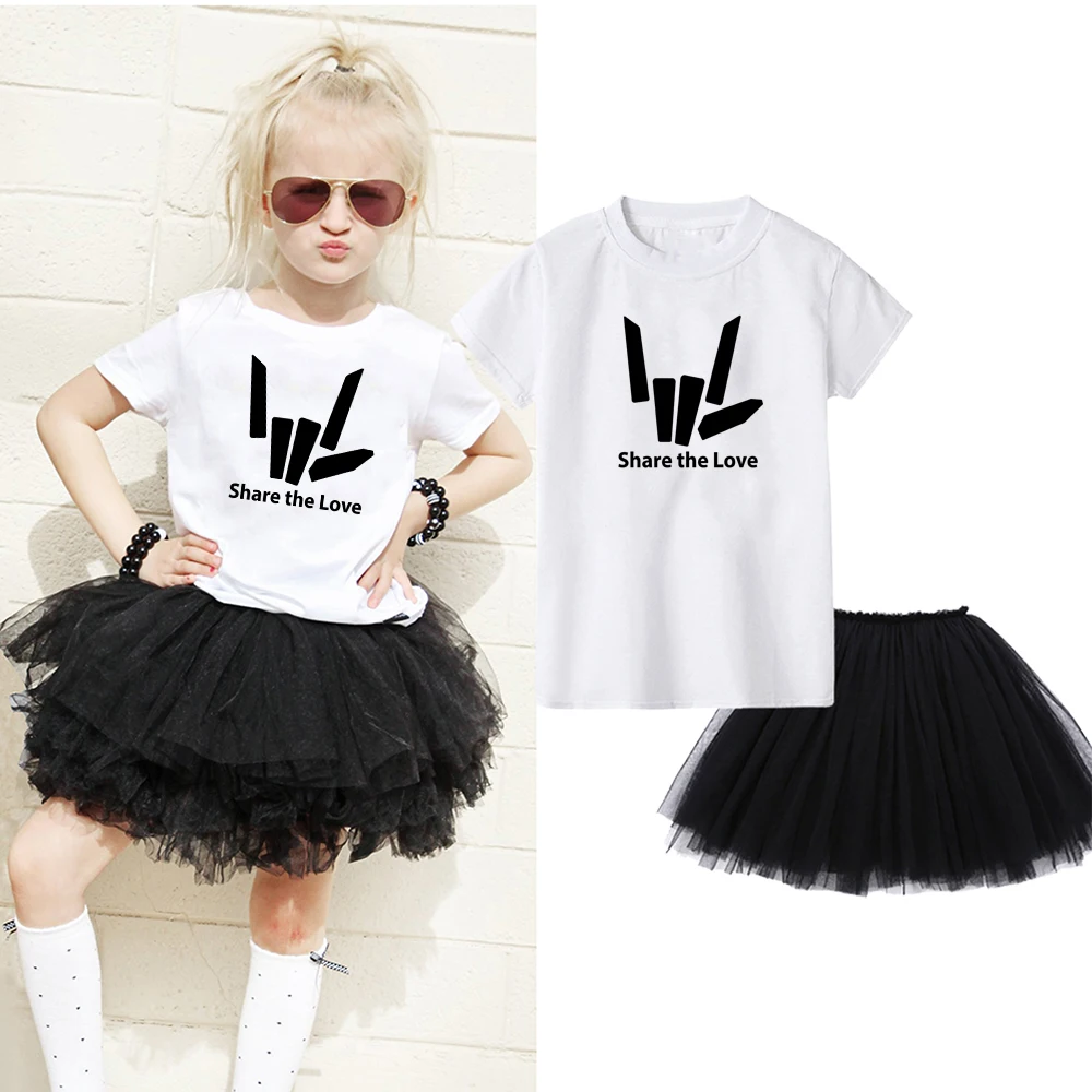 Платье принцессы Летняя детская белая одежда для девочек комплект из 2 предметов: футболка с надписью «Share The Love»+ маленькое детское платье-пачка детская одежда для девочек