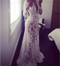 2016 Summer European Style Womens Sexy Lace Embroidery Maxi Solid White Dress Long Sleeve Deep V Neck Vestidos Plus Size S-2XL