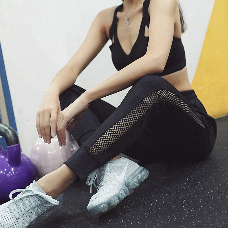CHU YOGA черные штаны для йоги боковая сетка патч панель высокая посадка
