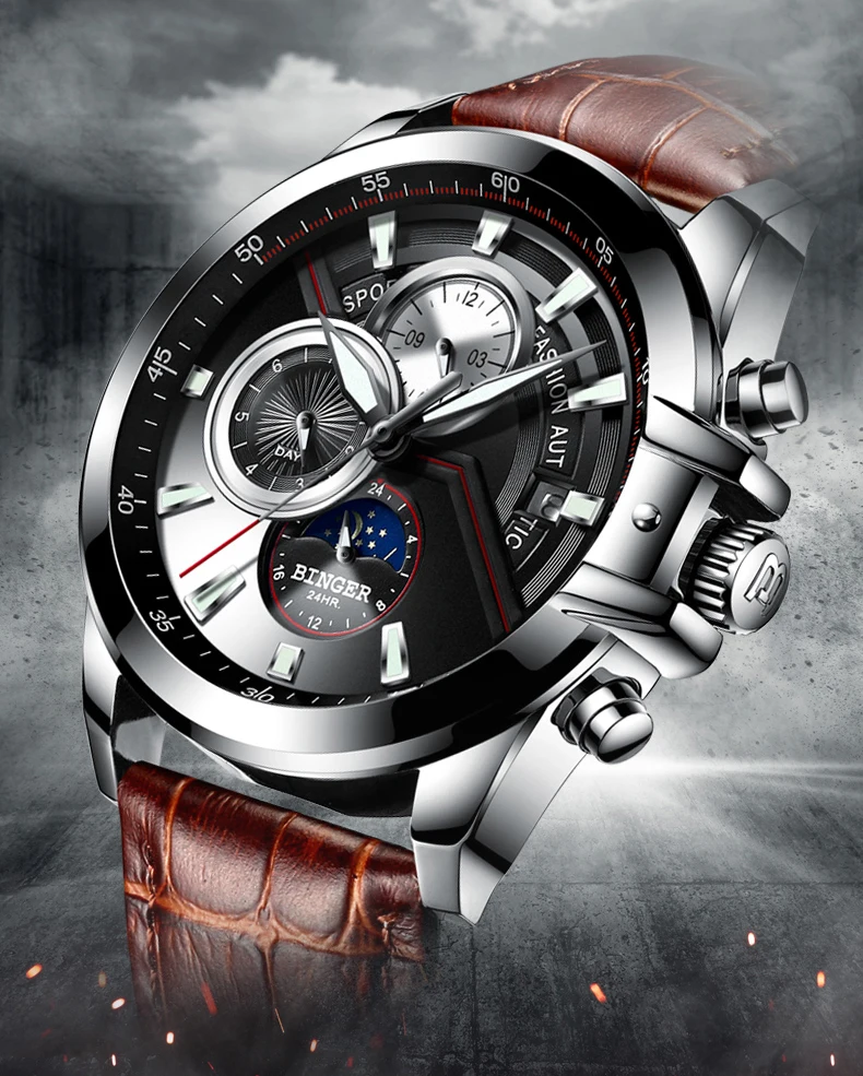 Швейцарские автоматические механические часы, мужские BINGER, спортивные мужские часы, водонепроницаемые наручные часы для плавания, мужские часы