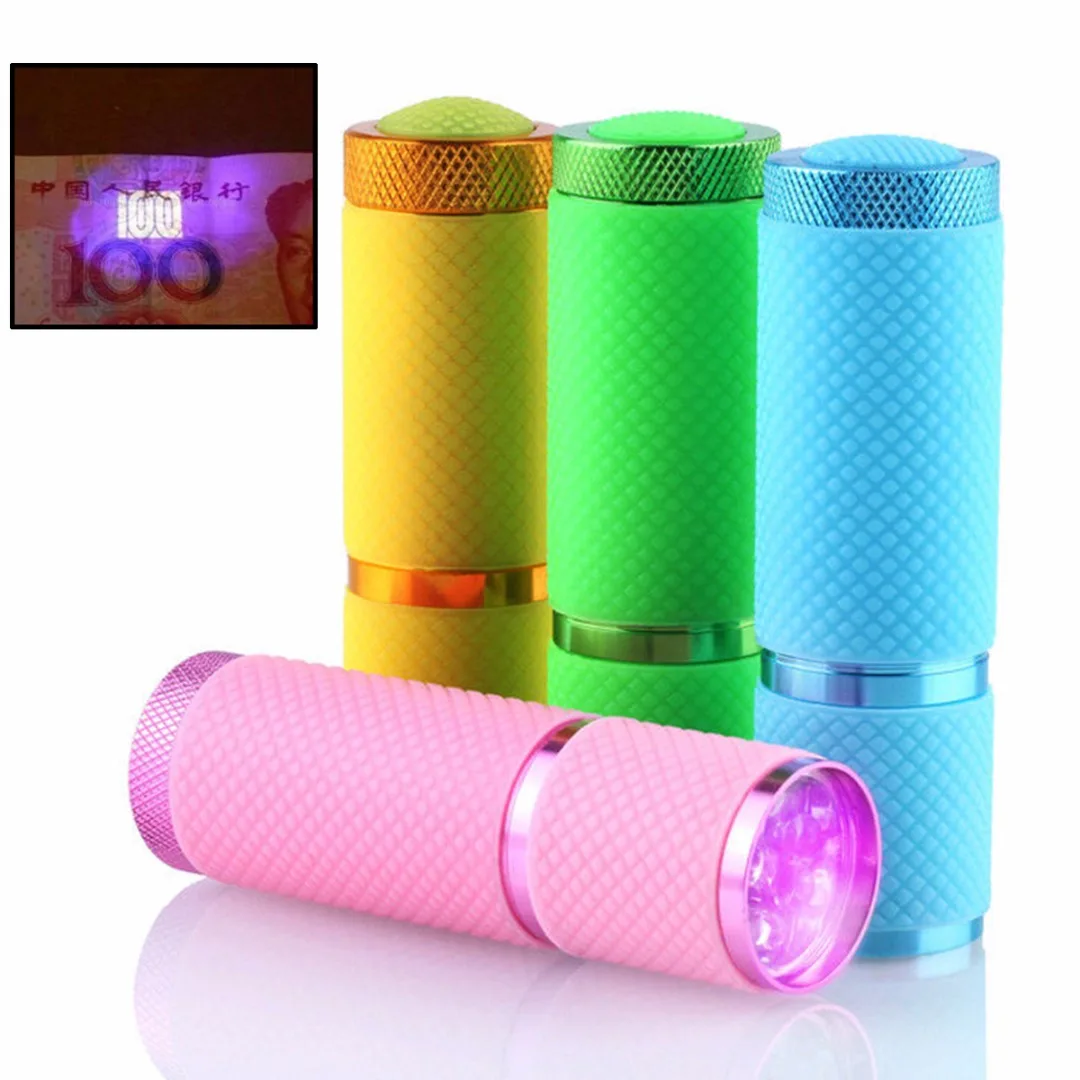 1 x Mini Portable Aluminum UV Torch 9 LED Night Light AAA Flashlight Pocket Lamp