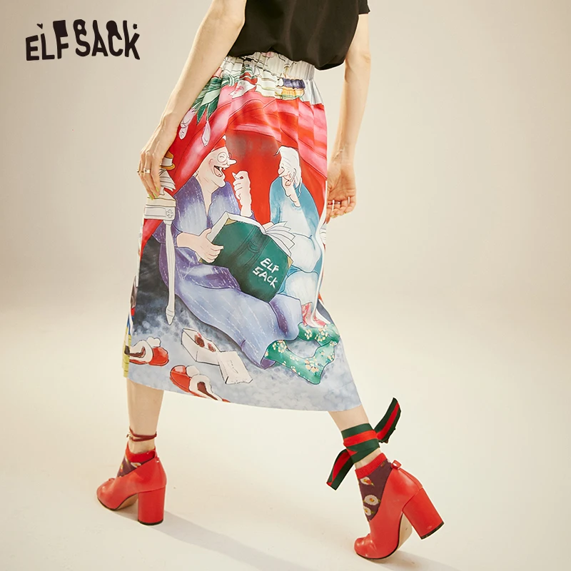 ELFSACK Fashion Cartoon Print Women Skirt Summer Vintage A-line Mid Waist Female Skirts Streetwear Casual Femme Bottoms