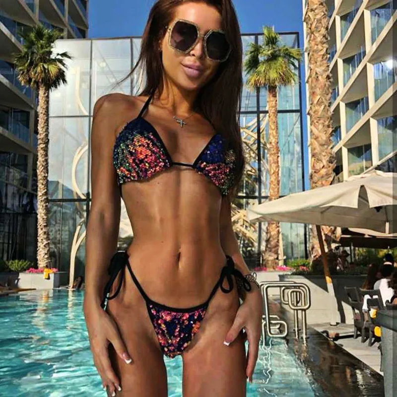 Сексуальный Холтер Sequin Bikini Set Bling-bling блестящие бикини с декоративными