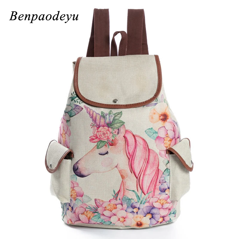 

School Bags for Girls Backpack Fashion Unicorn Printed Drawstring Design Travel Bags Casual Canvas School Backpack for Teenage
