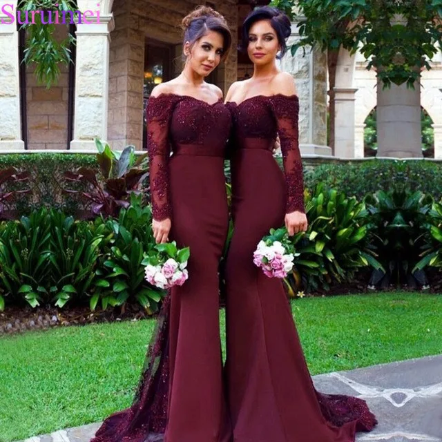 

Sexy Lace Burgundy Bridesmaid Dresses 2019 Mermaid Long Sleeve Beaded Long Bridesmaid Dress Formal Maid Of Honor
