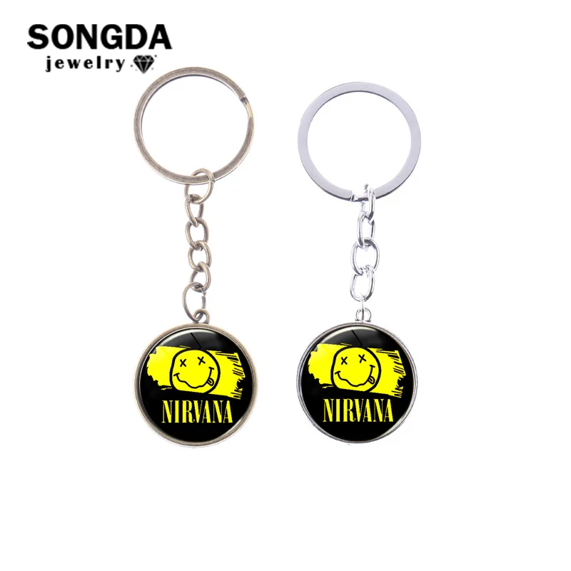 

SONGDA Rock Band Series Nirvana Brand Keychain Smile Face Glass Time Gem Key Ring Holder Sleutelhanger Unplug Music Fans Keyring