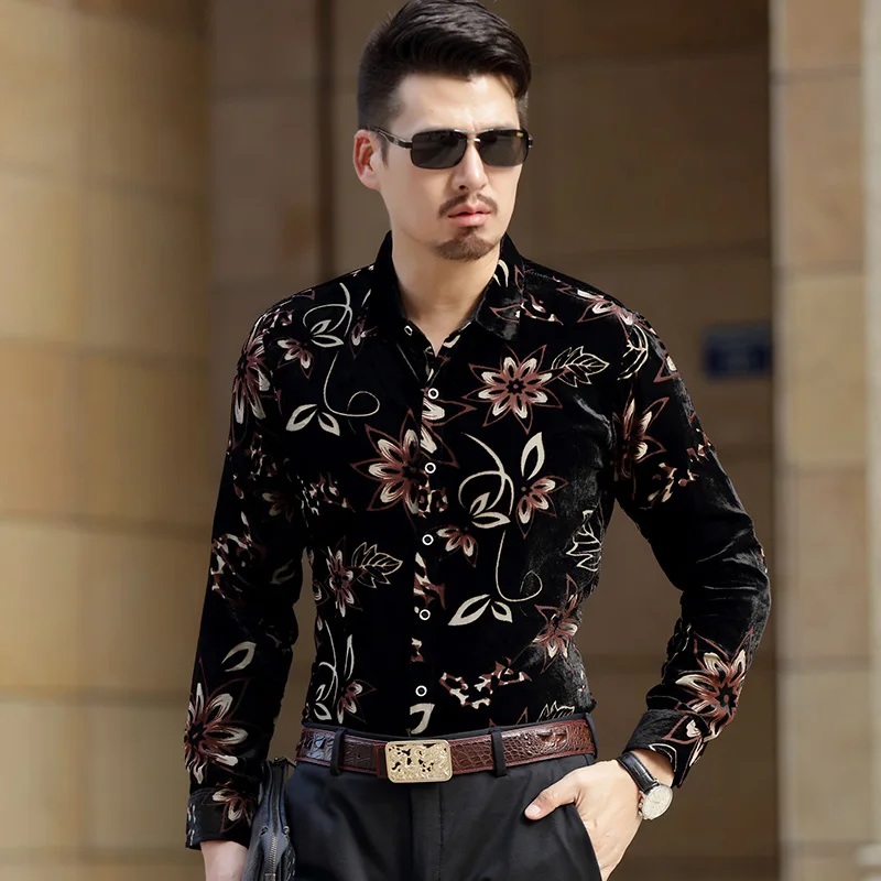 2017 Men's Shirts Gold silk Velvet floral Printed Long Sleeve flowers ...